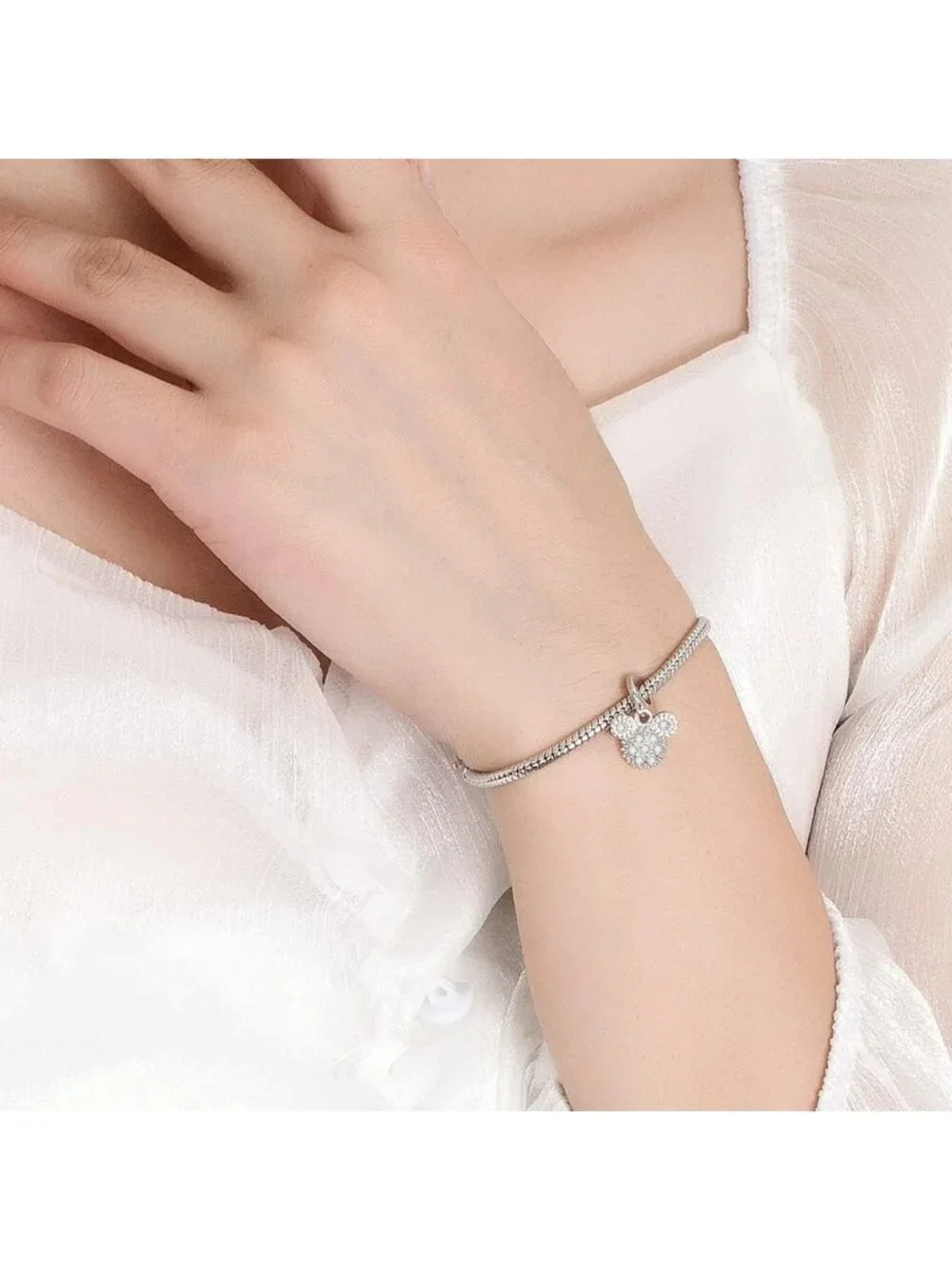 925 Silver Snake Chain Bracelet with Cute Bear Pendant - Adjustable 6.3-9''